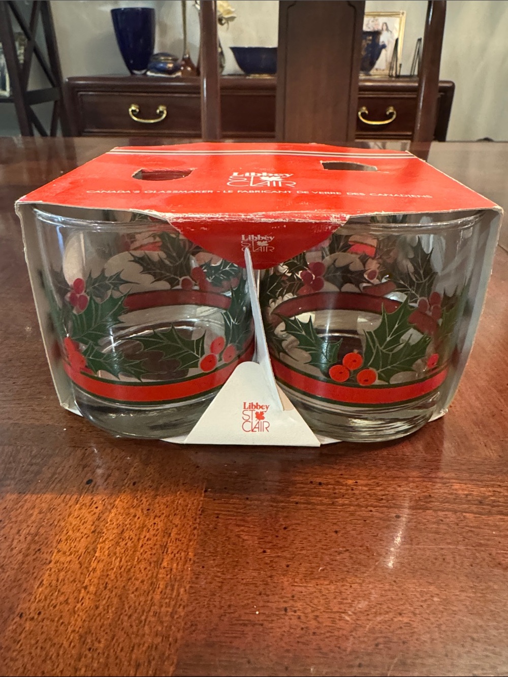Vintage Libbey Christmas Glasses Holly Berries Double Old-Fashioned Set of 4 NEW